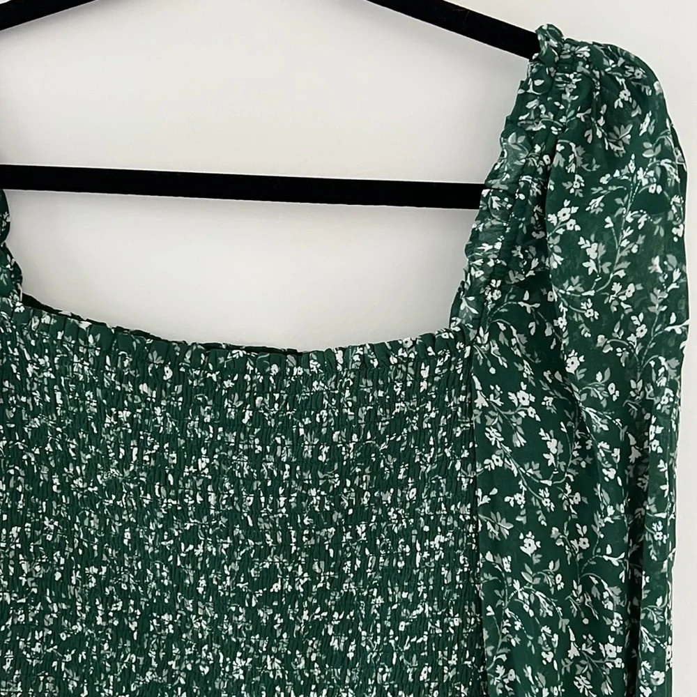 Reformation Green Floral Smocked Square-Neck Blouse